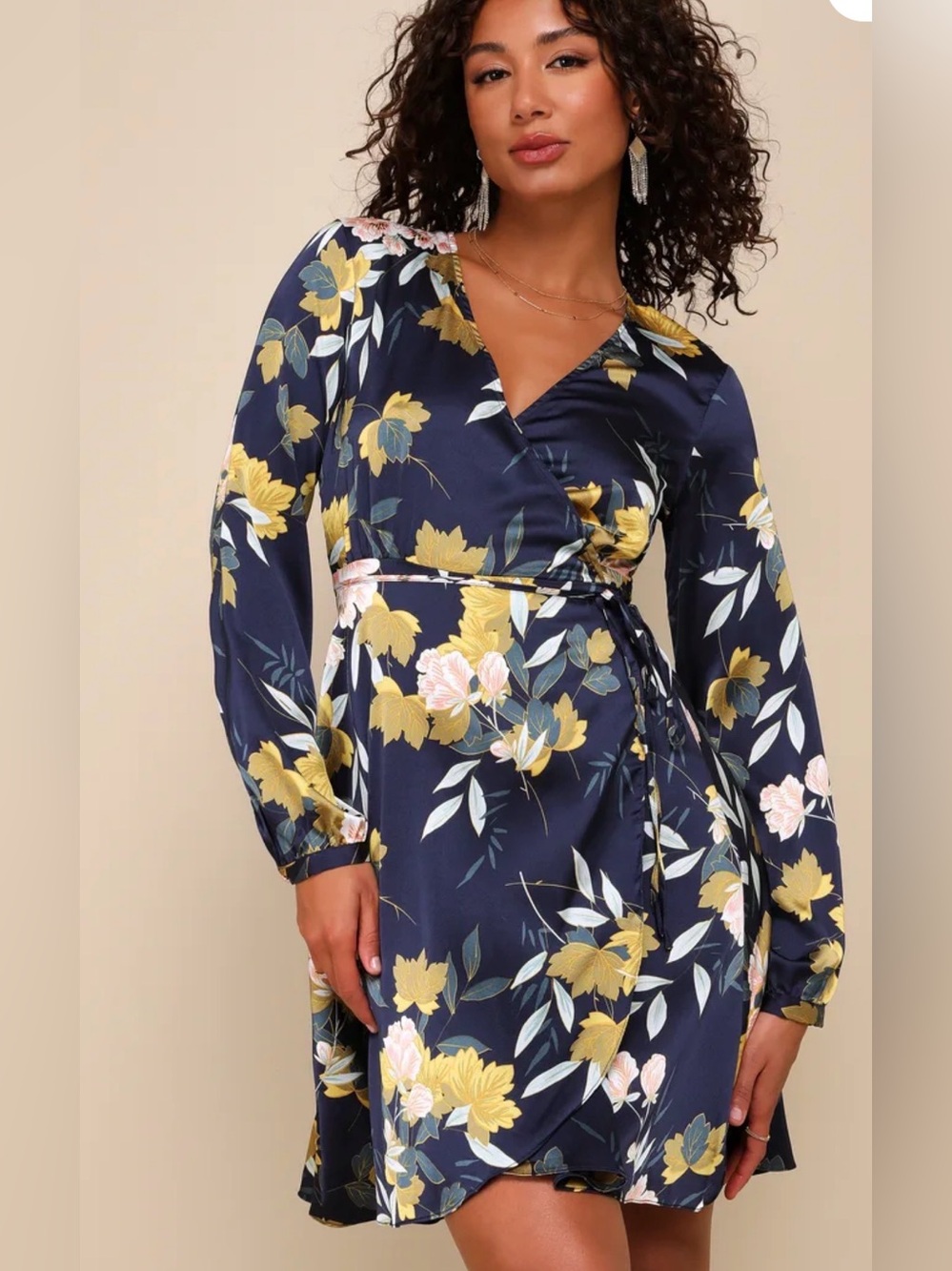 Lulus Love is Life Navy Blue Floral Print Satin Wrap Midi Dress - Women’s Size L
